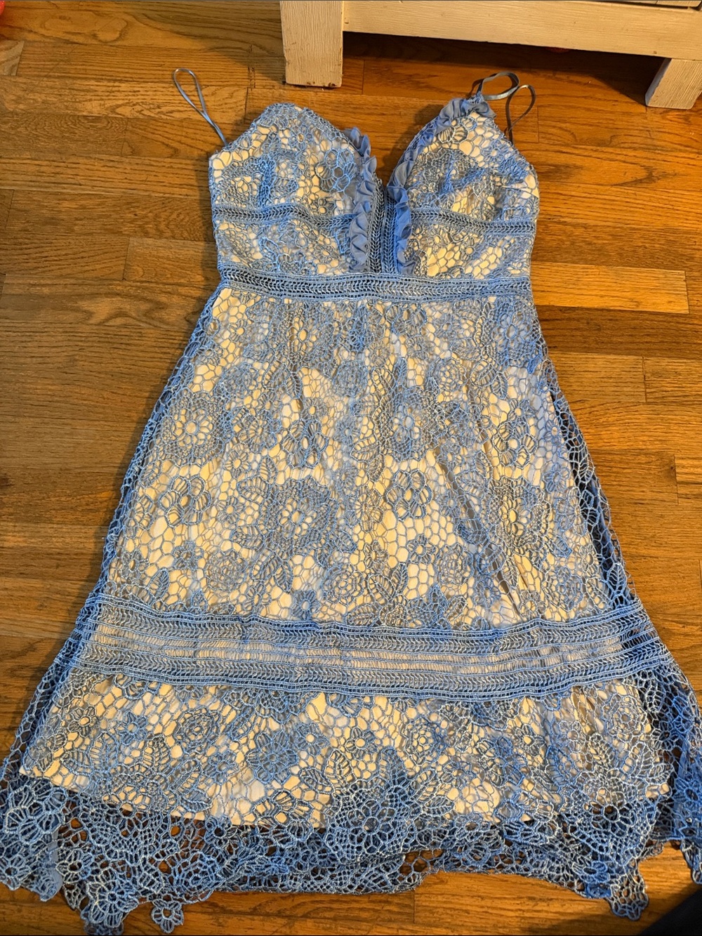 Light Blue Crochet Lace Mini Dress with Spaghetti Straps